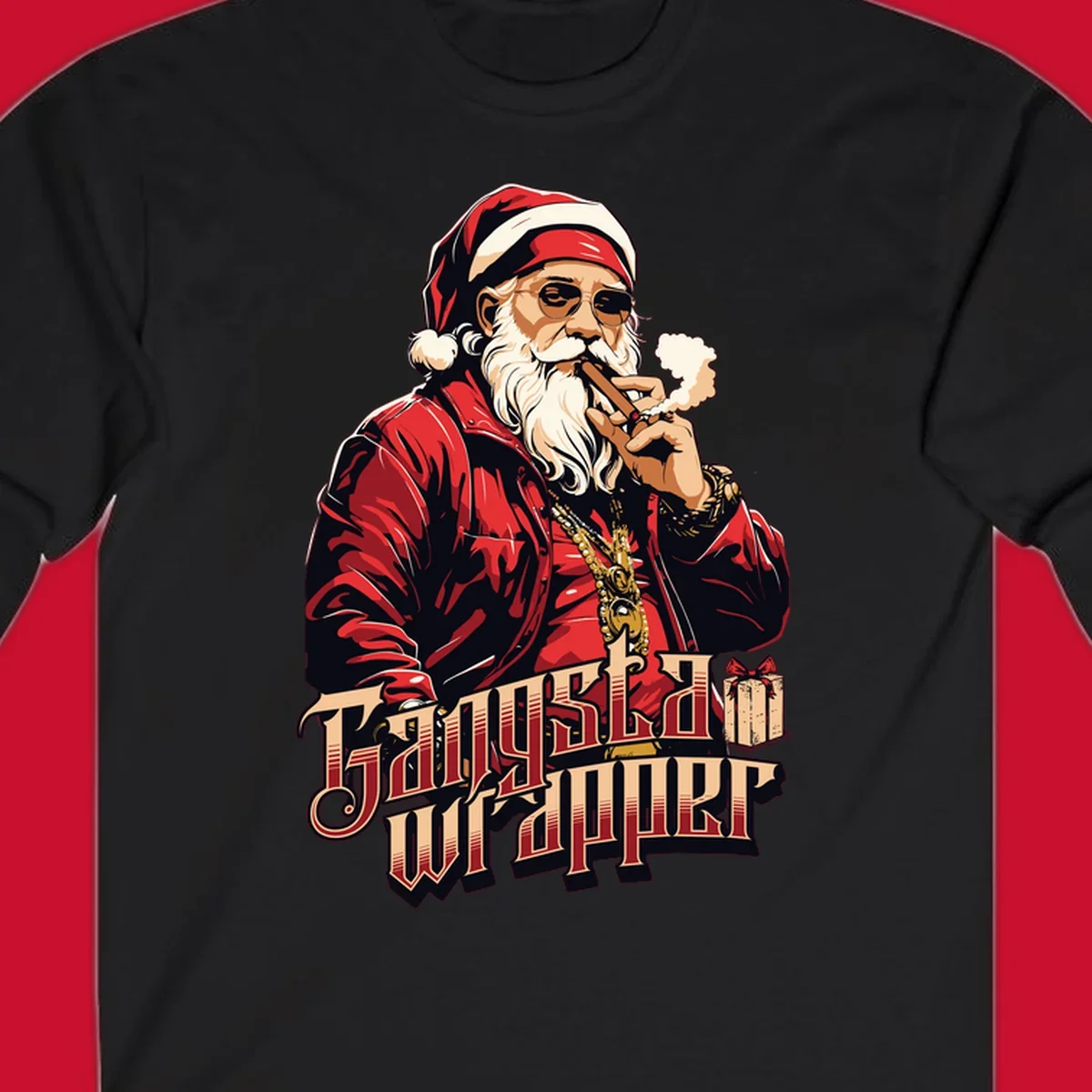 Gangsta Wrapper Christmas design featuring Santa Claus smoking a cigar with gold chains.