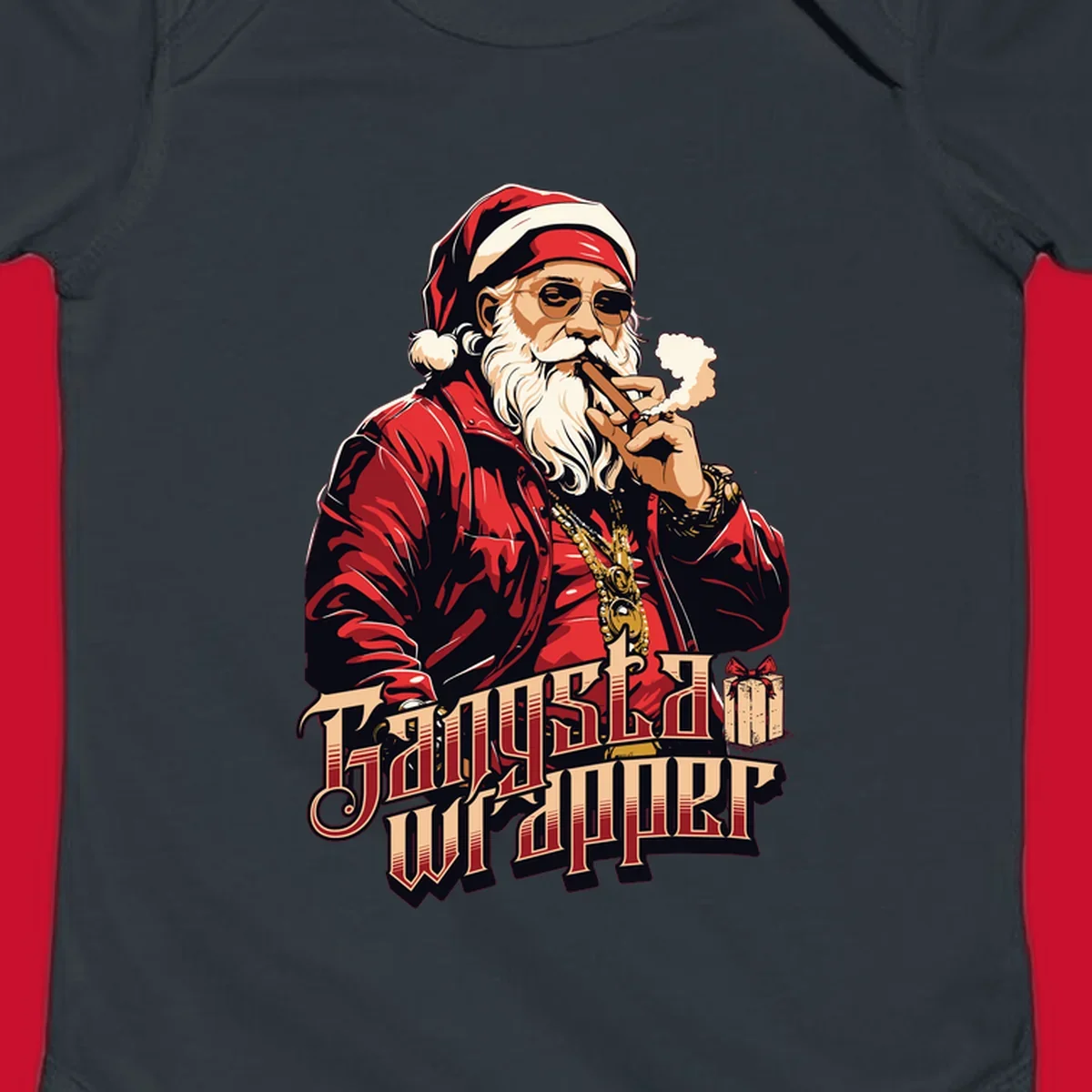 Gangsta Wrapper Christmas design featuring Santa Claus smoking a cigar with gold chains.