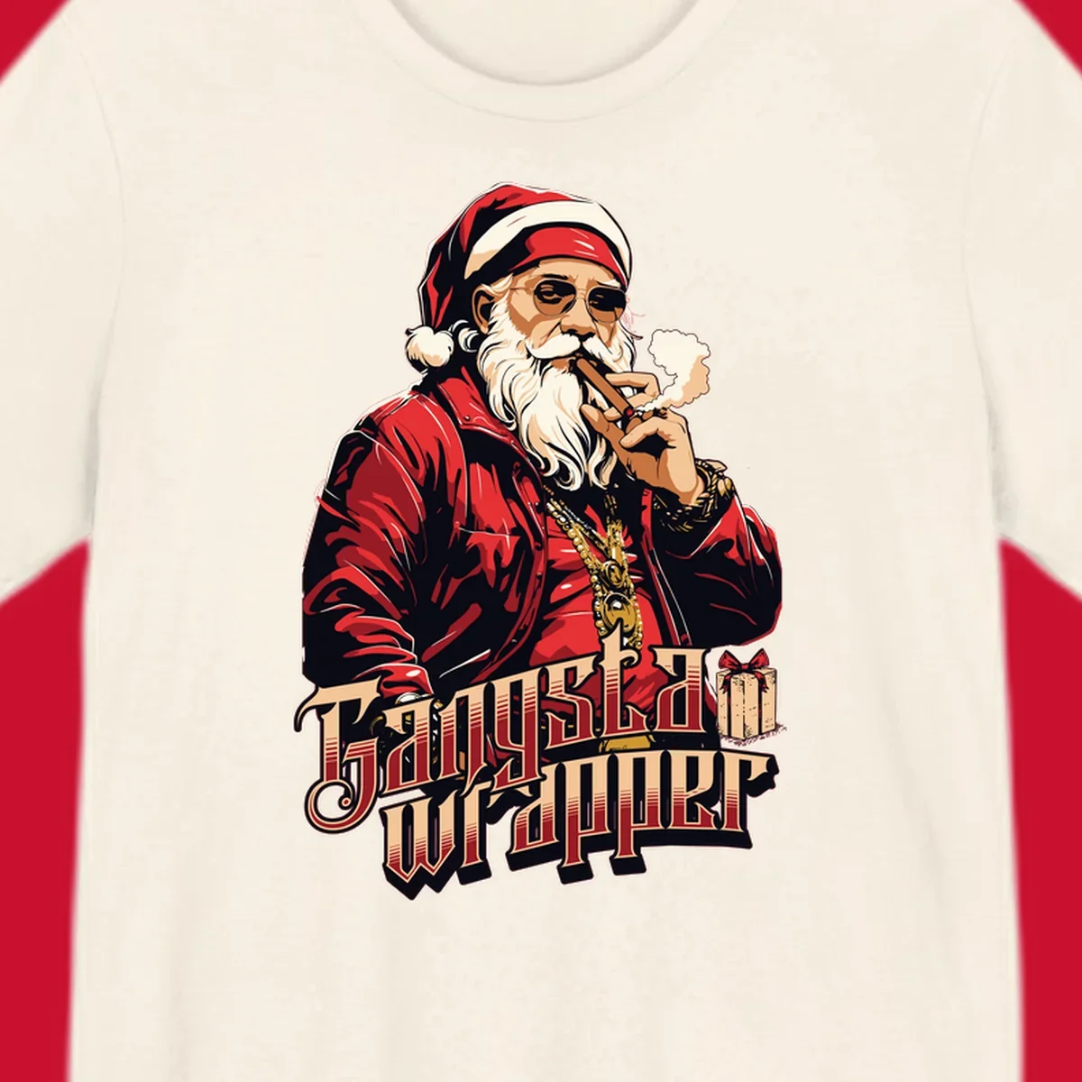 Gangsta Wrapper Christmas design featuring Santa Claus smoking a cigar with gold chains.