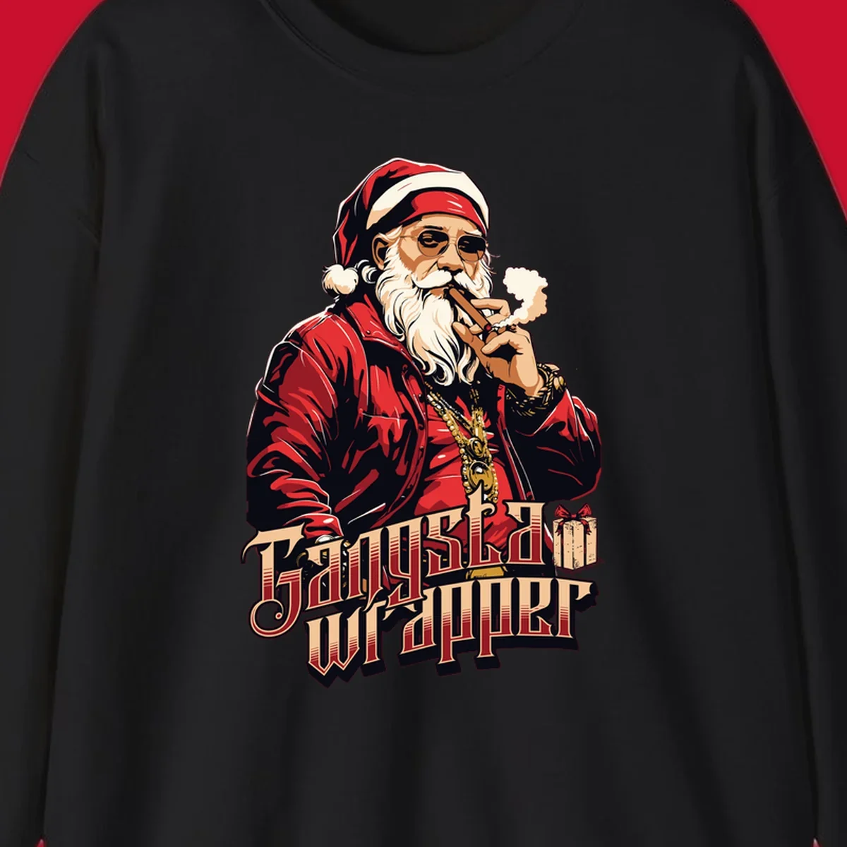 Gangsta Wrapper Christmas design featuring Santa Claus smoking a cigar with gold chains.