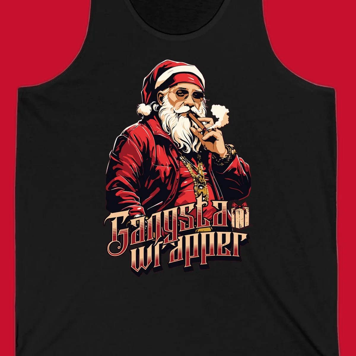 Gangsta Wrapper Christmas design featuring Santa Claus smoking a cigar with gold chains.