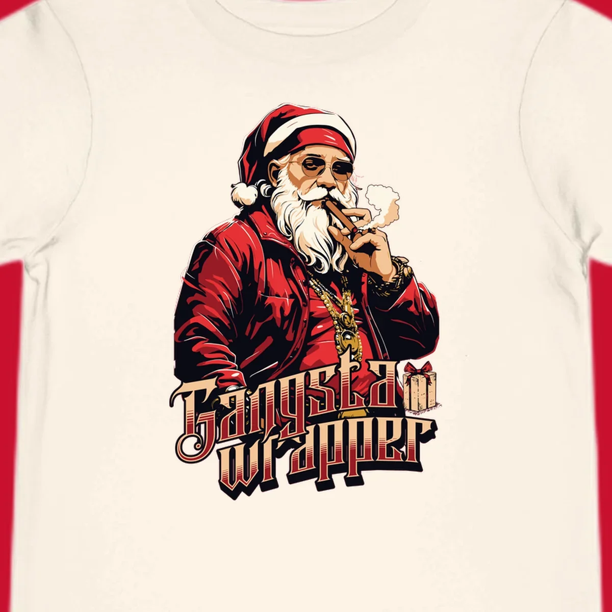 Gangsta Wrapper Christmas design featuring Santa Claus smoking a cigar with gold chains.