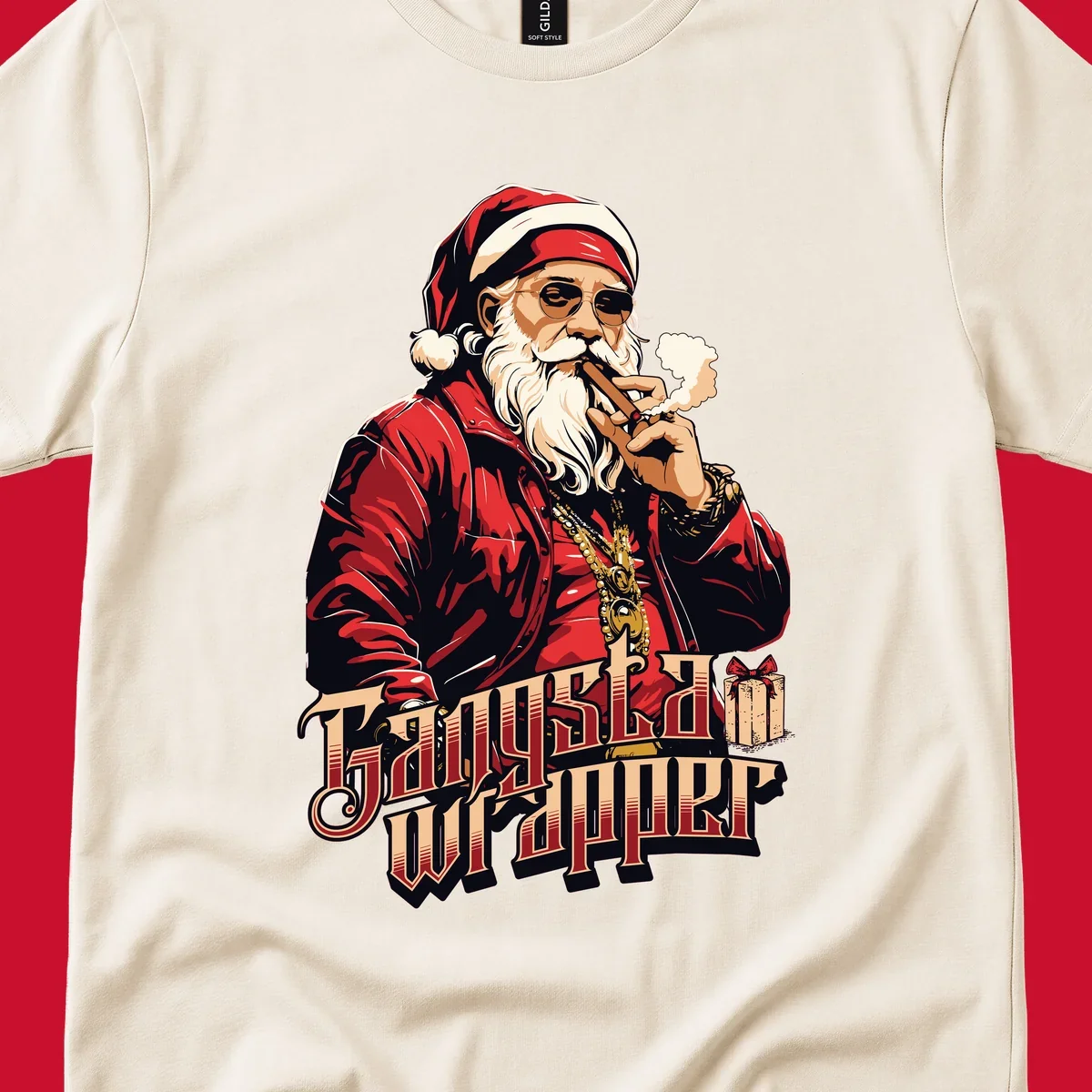 Gangsta Wrapper Christmas design featuring Santa Claus smoking a cigar with gold chains.
