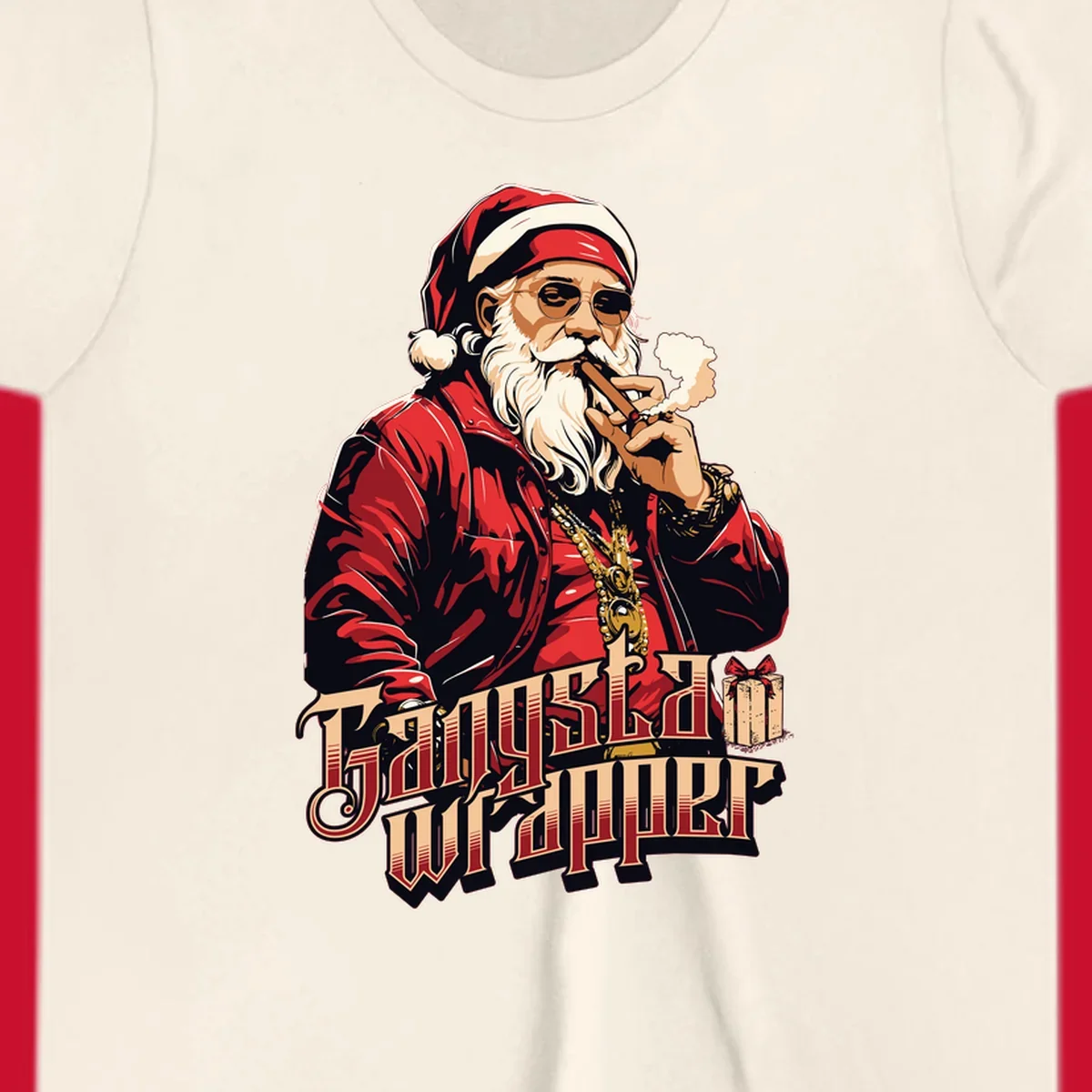 Gangsta Wrapper Christmas design featuring Santa Claus smoking a cigar with gold chains.