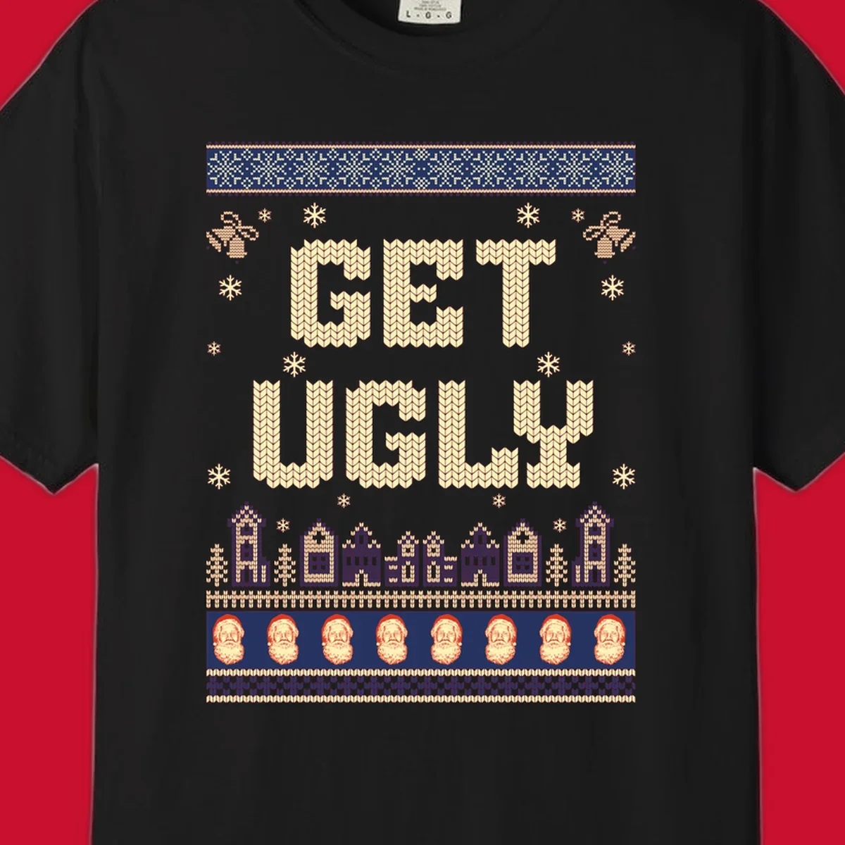 Get Ugly Christmas sweater design with text, snowflakes, houses, and Santa faces.