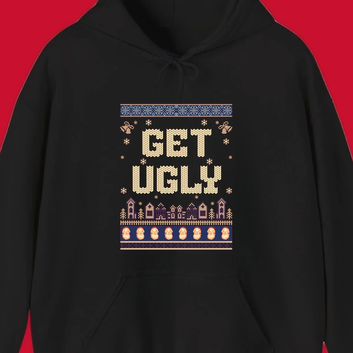 Get Ugly Christmas sweater design with text, snowflakes, houses, and Santa faces.