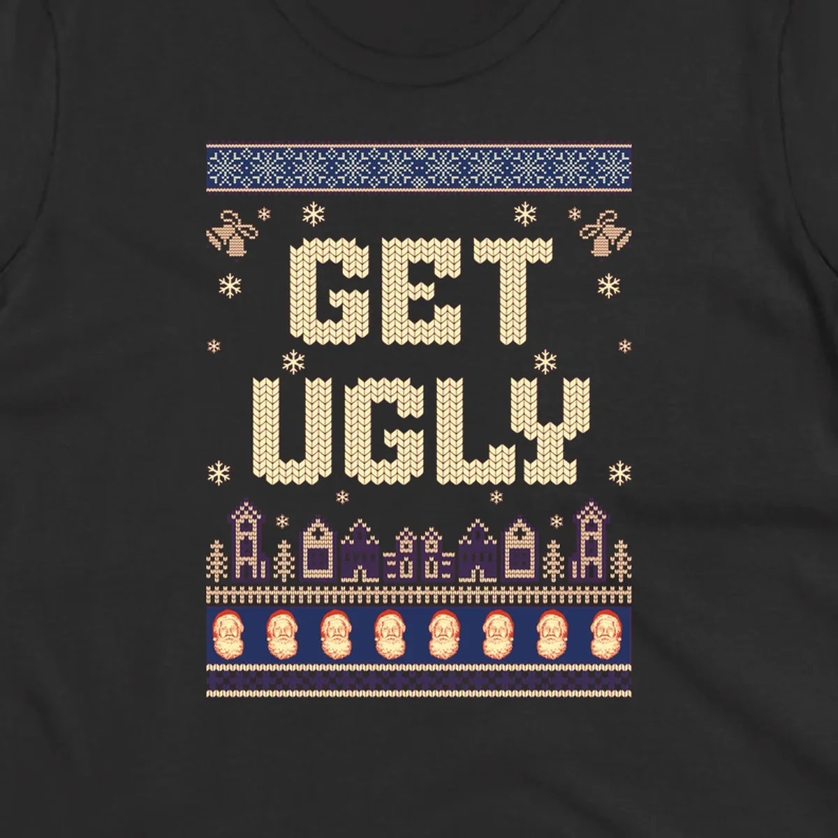 Get Ugly Christmas sweater design with text, snowflakes, houses, and Santa faces.