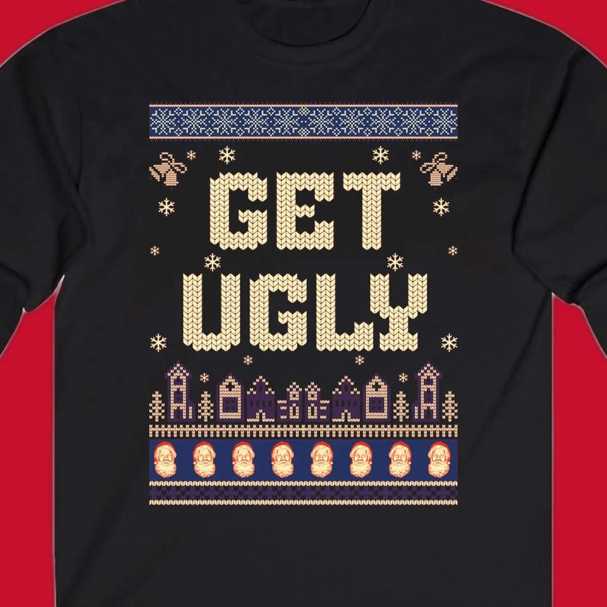 Get Ugly Christmas sweater design with text, snowflakes, houses, and Santa faces.