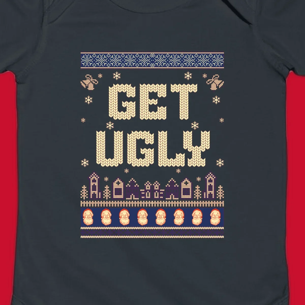 Get Ugly Christmas sweater design with text, snowflakes, houses, and Santa faces.