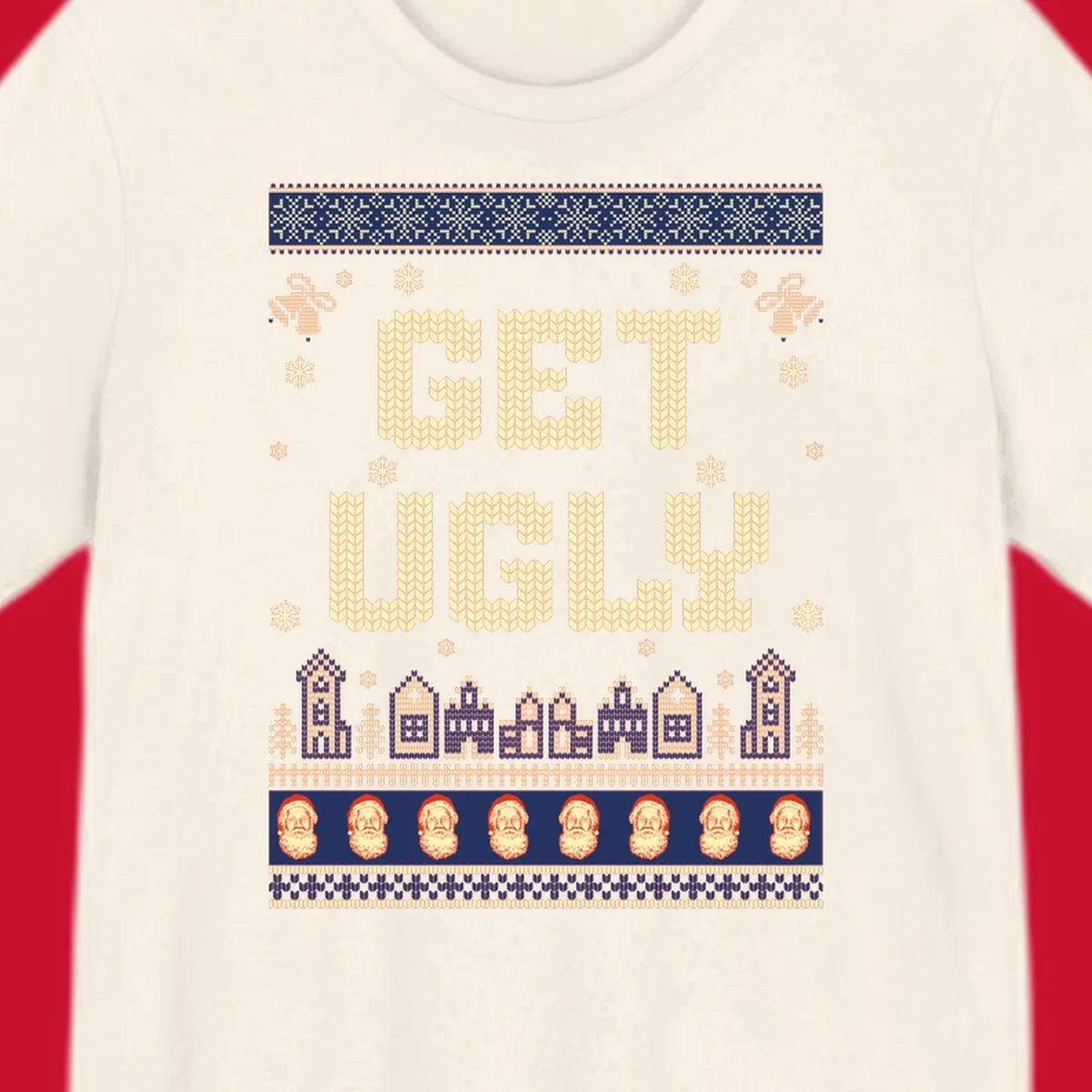 Get Ugly Christmas sweater design with text, snowflakes, houses, and Santa faces.