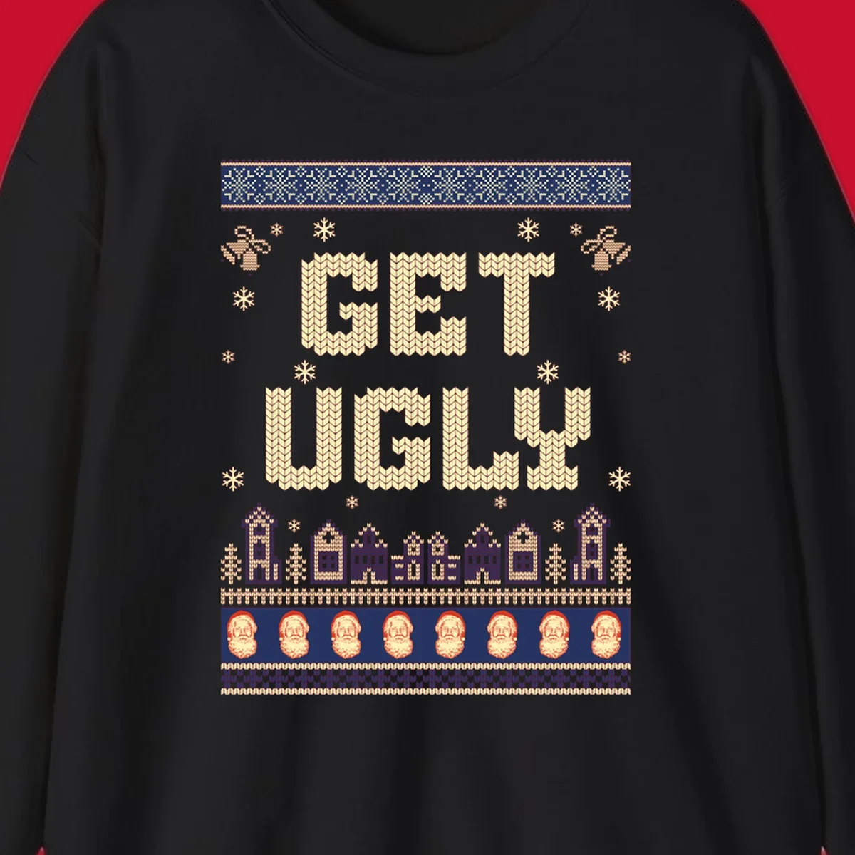Get Ugly Christmas sweater design with text, snowflakes, houses, and Santa faces.