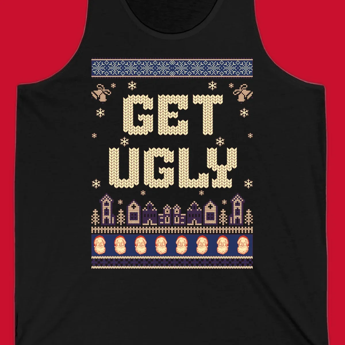 Get Ugly Christmas sweater design with text, snowflakes, houses, and Santa faces.