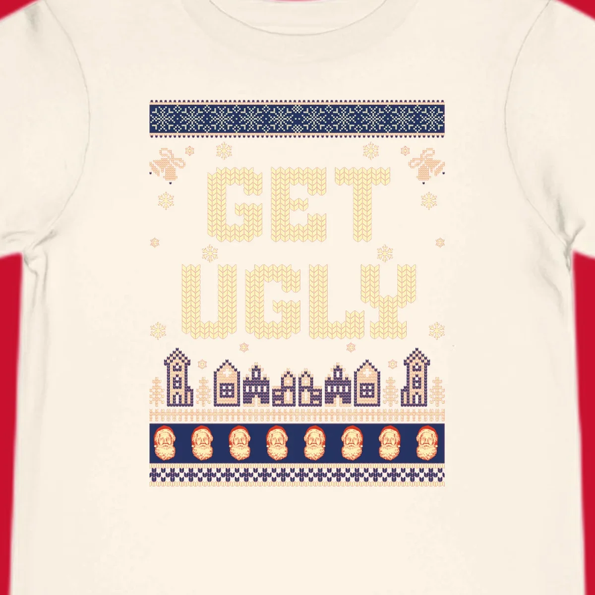 Get Ugly Christmas sweater design with text, snowflakes, houses, and Santa faces.