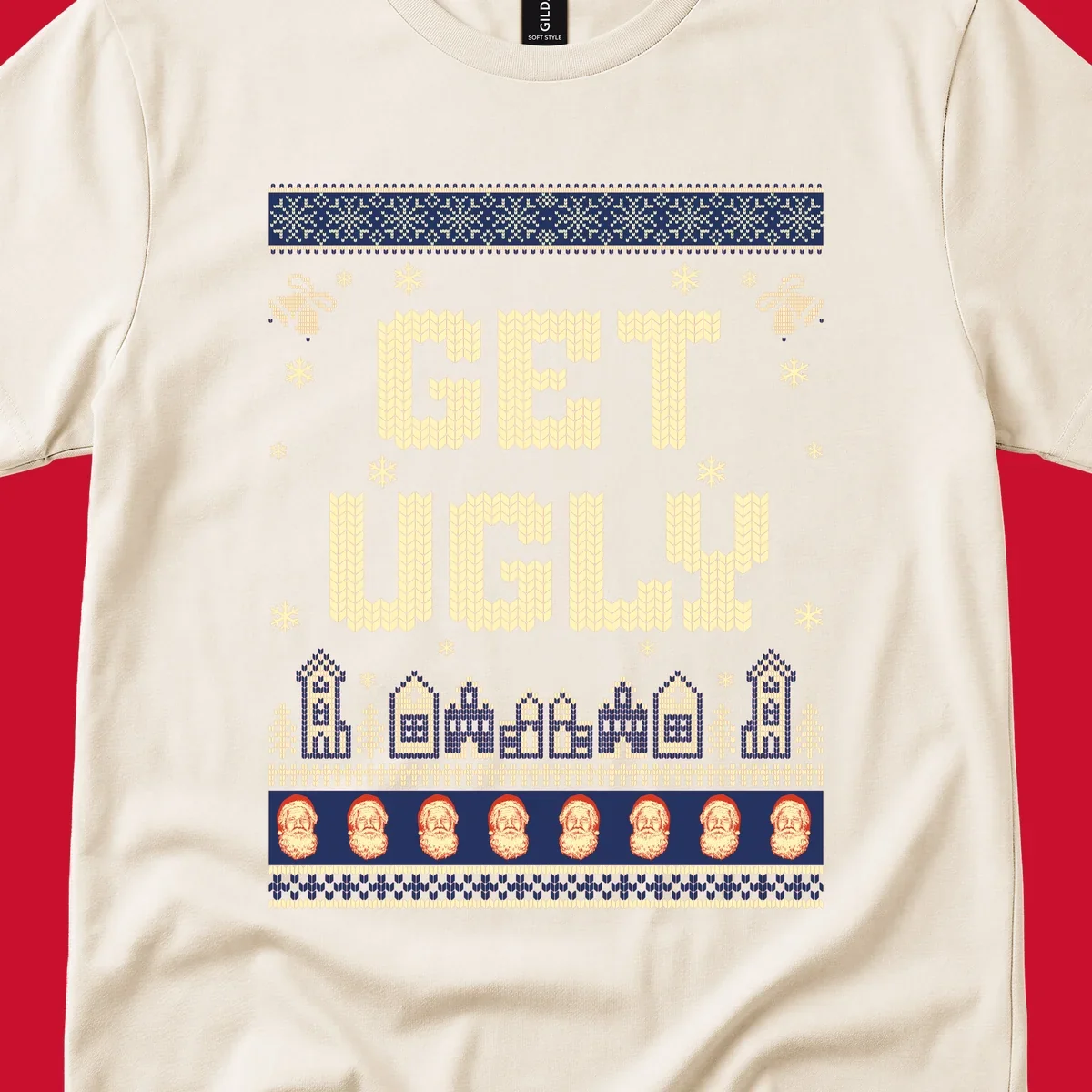 Get Ugly Christmas sweater design with text, snowflakes, houses, and Santa faces.