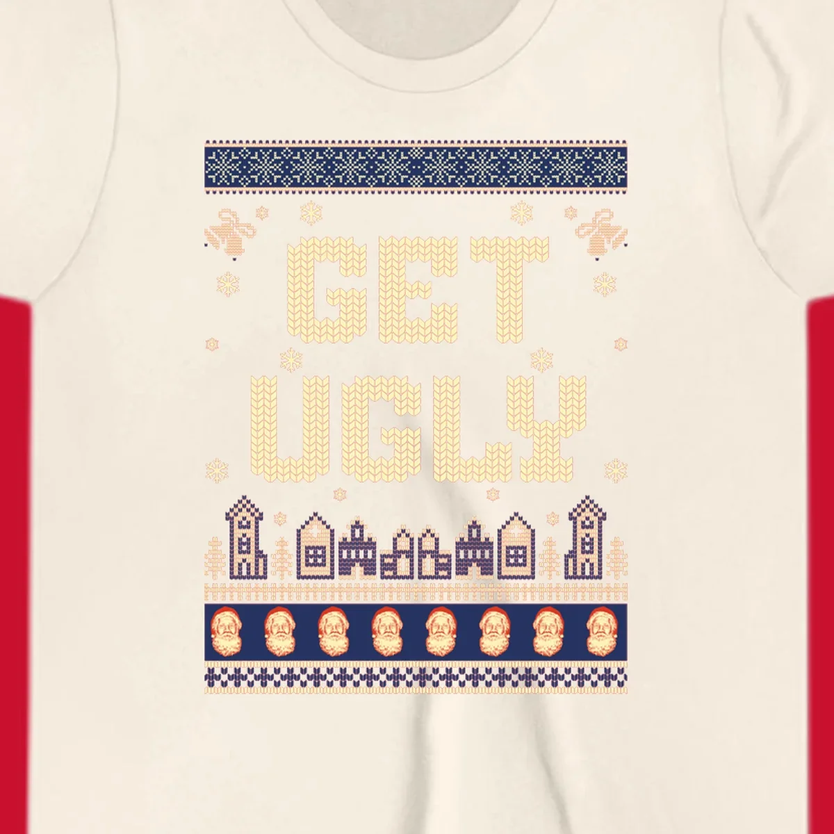 Get Ugly Christmas sweater design with text, snowflakes, houses, and Santa faces.