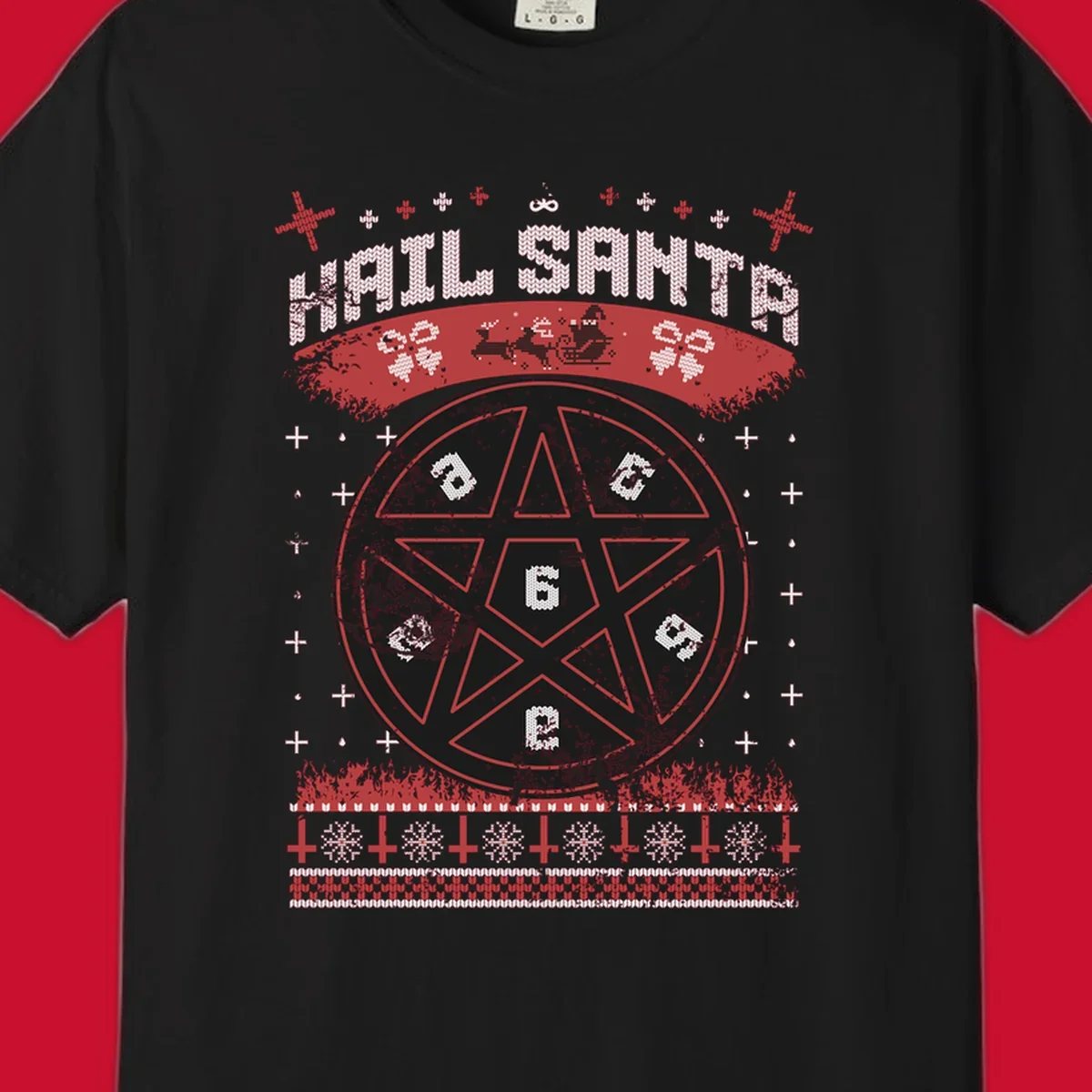 Hail Santa Christmas pentagram design with Santa and snowflakes.