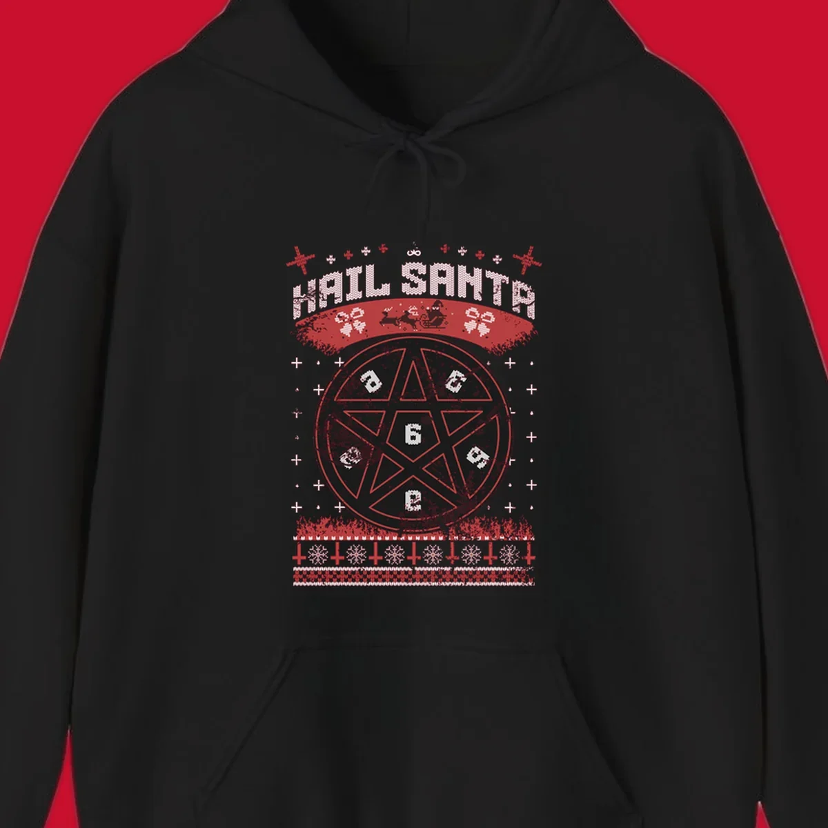 Hail Santa Christmas pentagram design with Santa and snowflakes.