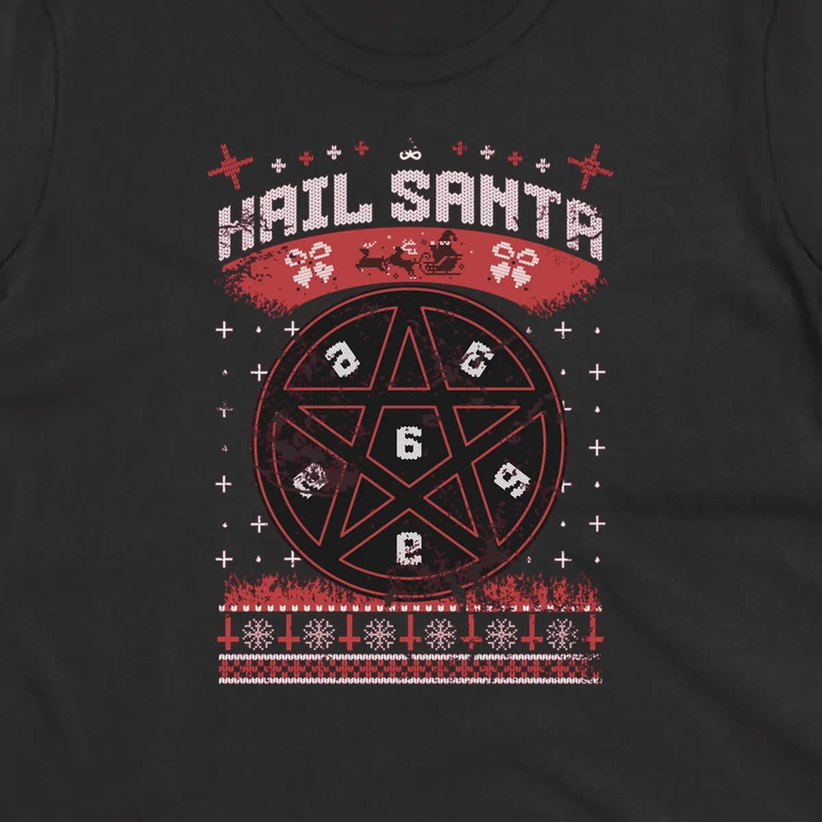 Hail Santa Christmas pentagram design with Santa and snowflakes.