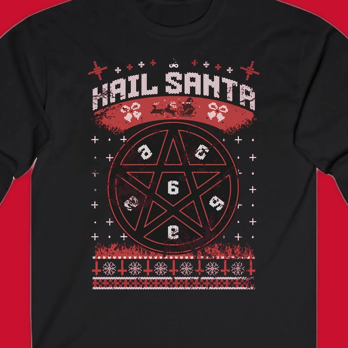 Hail Santa Christmas pentagram design with Santa and snowflakes.