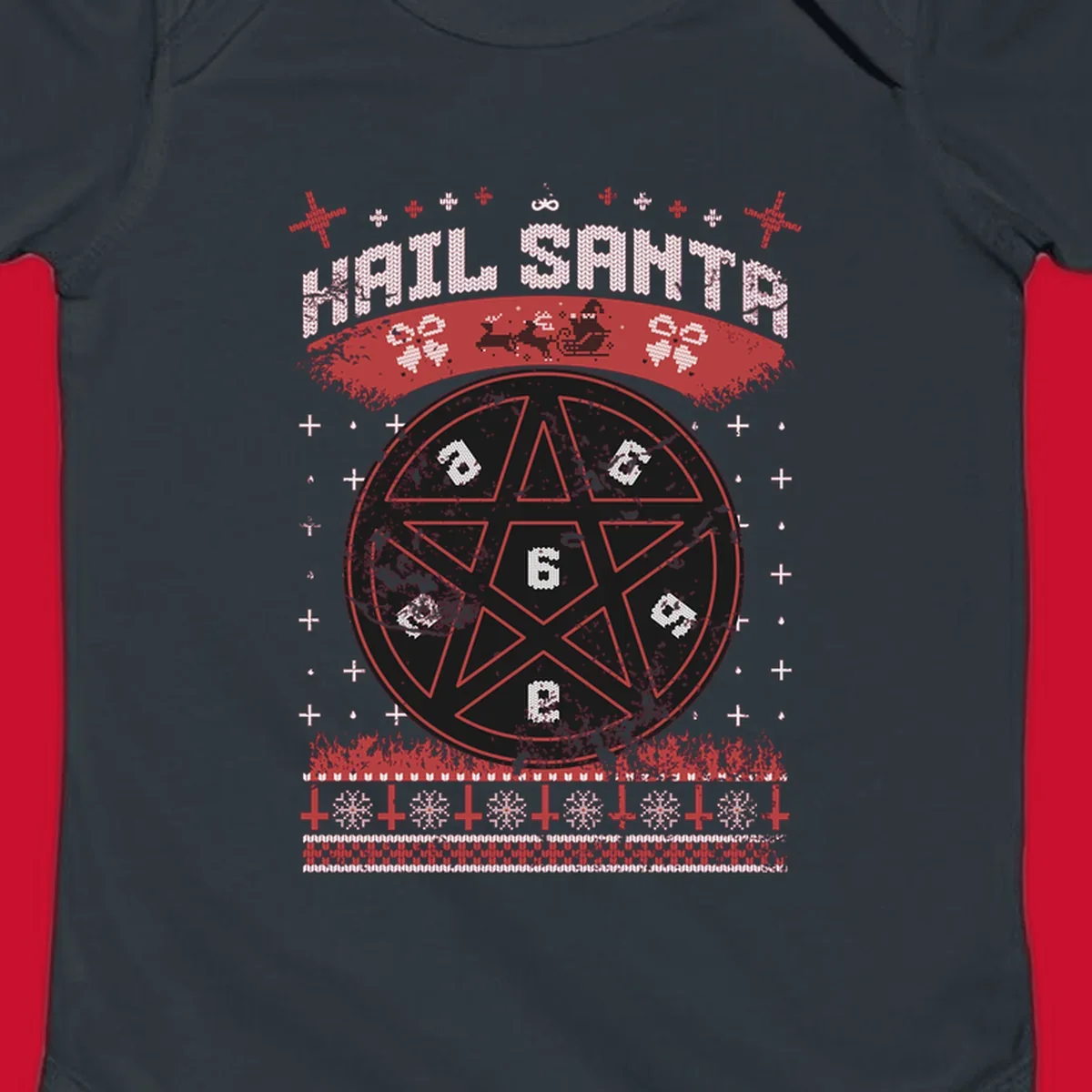 Hail Santa Christmas pentagram design with Santa and snowflakes.