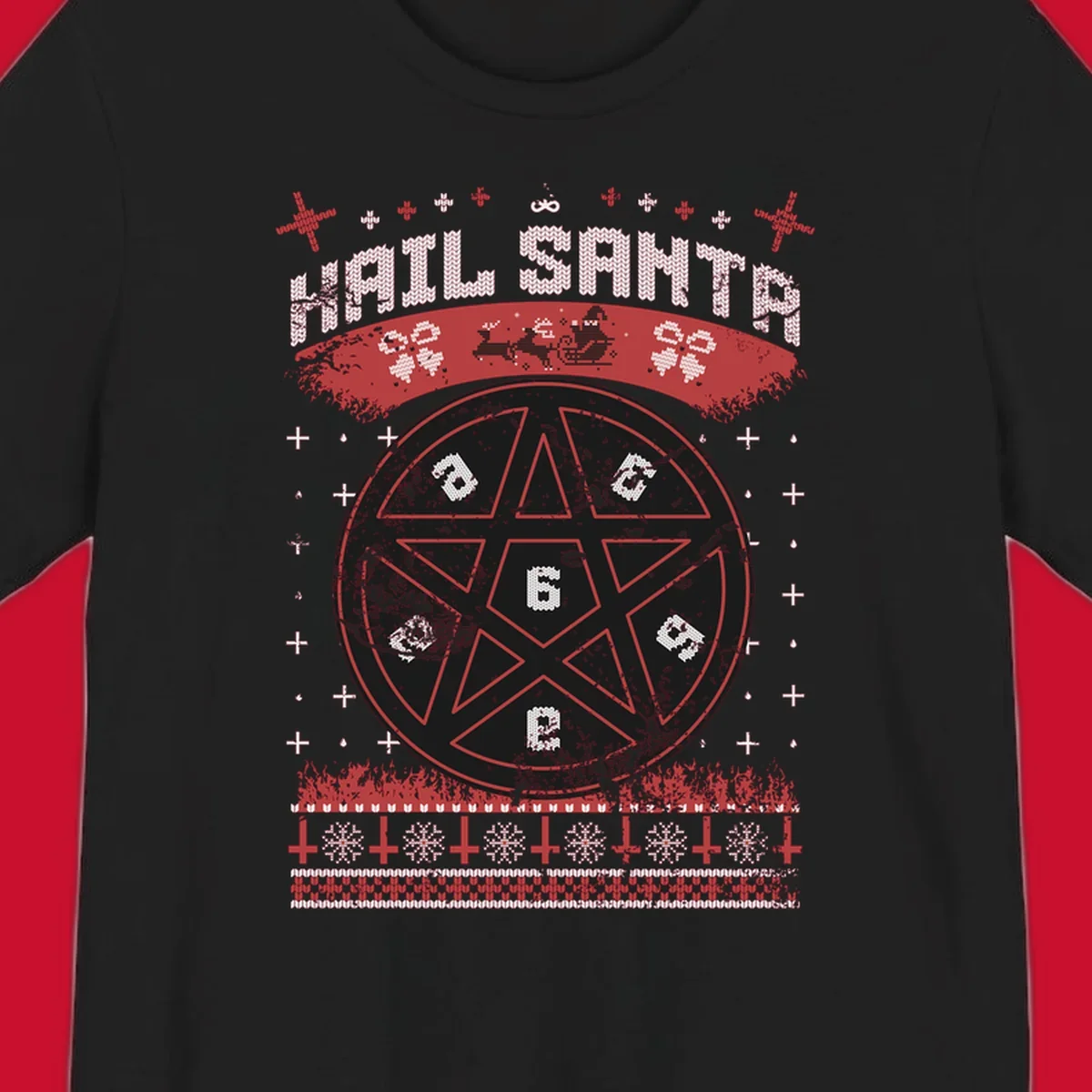 Hail Santa Christmas pentagram design with Santa and snowflakes.