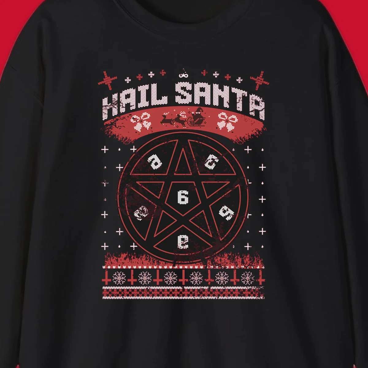 Hail Santa Christmas pentagram design with Santa and snowflakes.