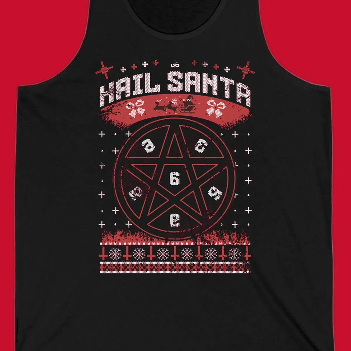 Hail Santa Christmas pentagram design with Santa and snowflakes.