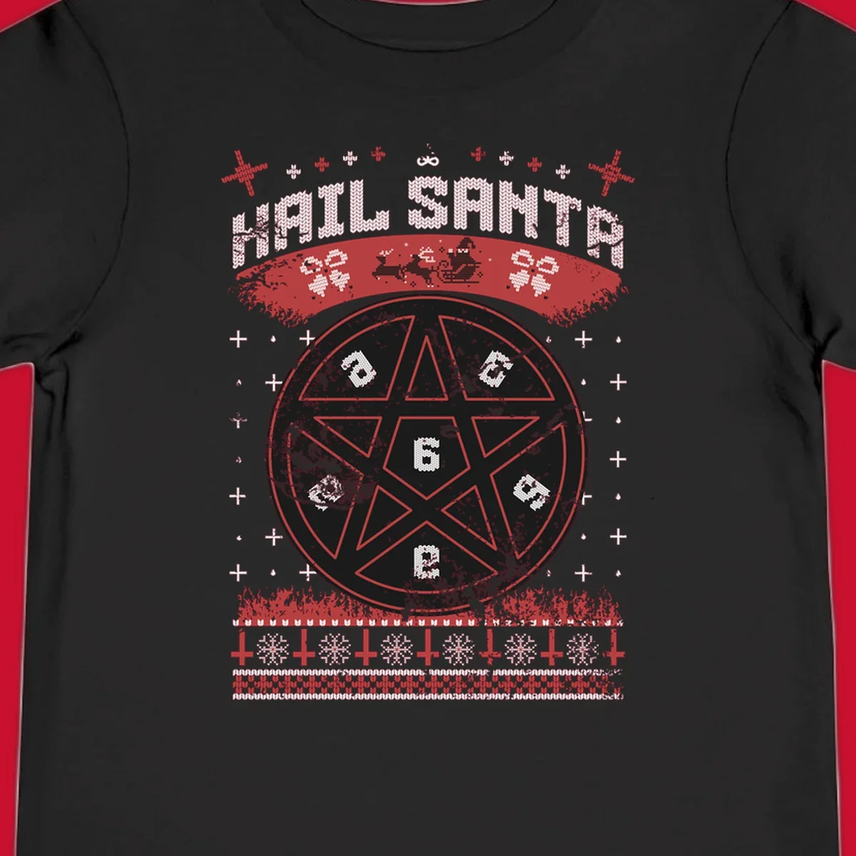 Hail Santa Christmas pentagram design with Santa and snowflakes.