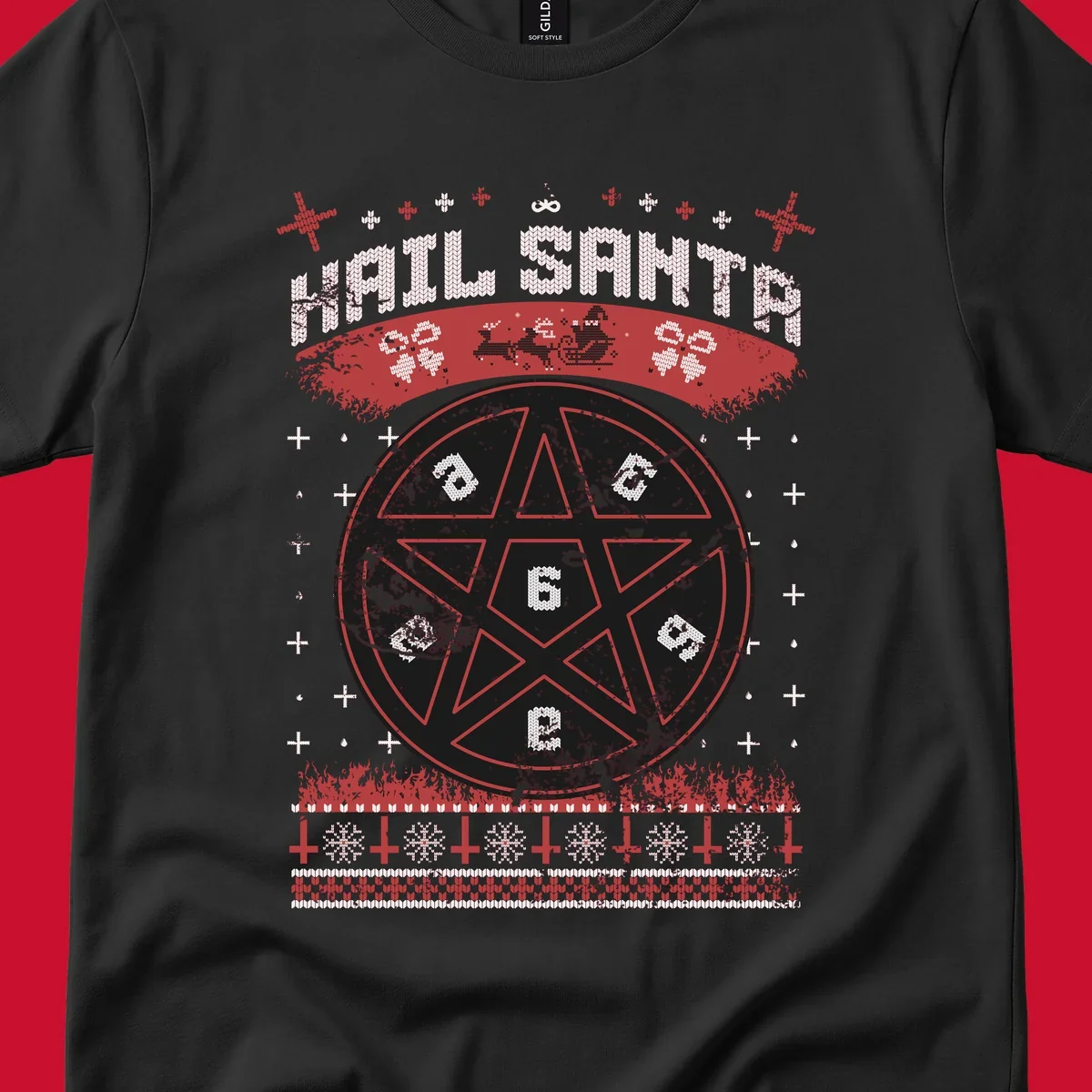 Hail Santa Christmas pentagram design with Santa and snowflakes.