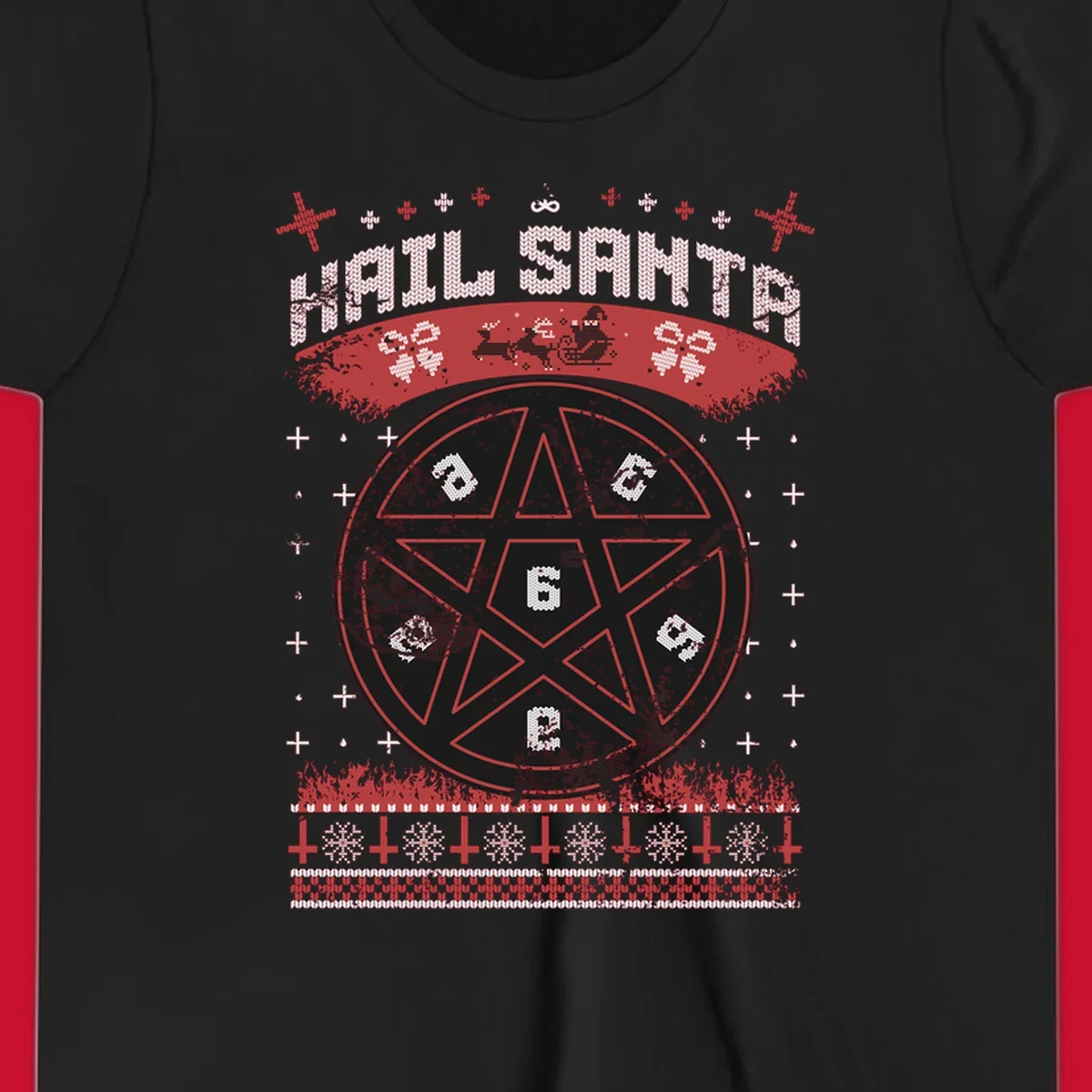 Hail Santa Christmas pentagram design with Santa and snowflakes.