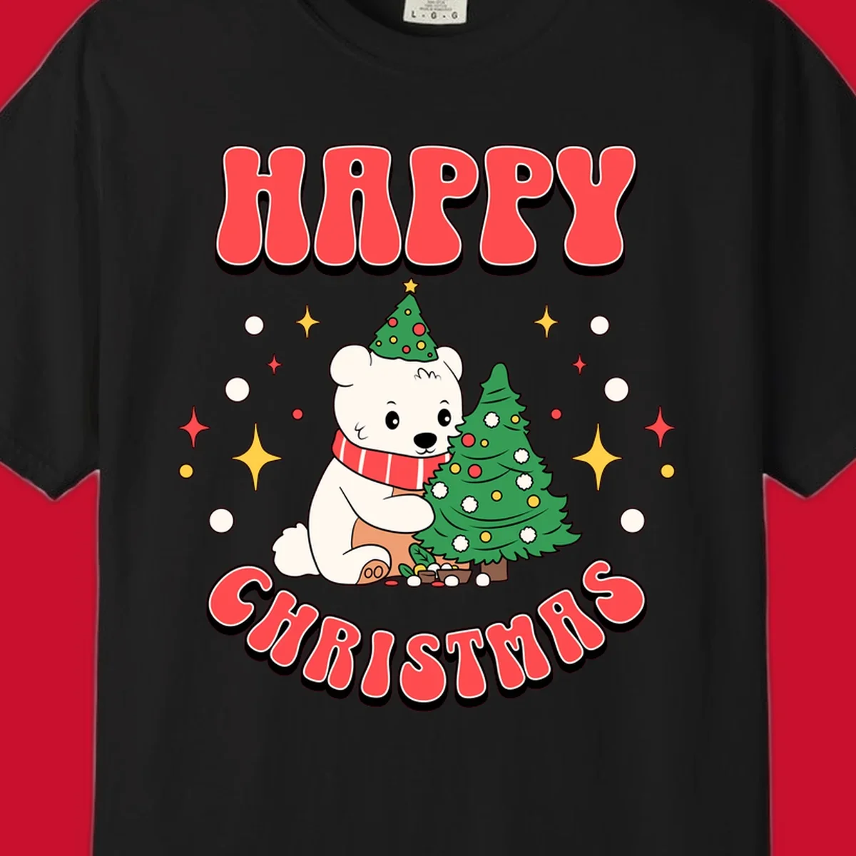 Happy polar bear hugging a Christmas tree with happy christmas text, holiday design.