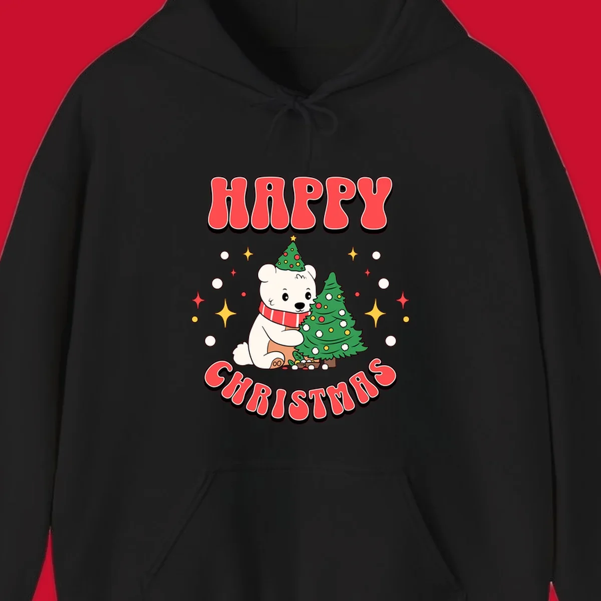 Happy polar bear hugging a Christmas tree with happy christmas text, holiday design.