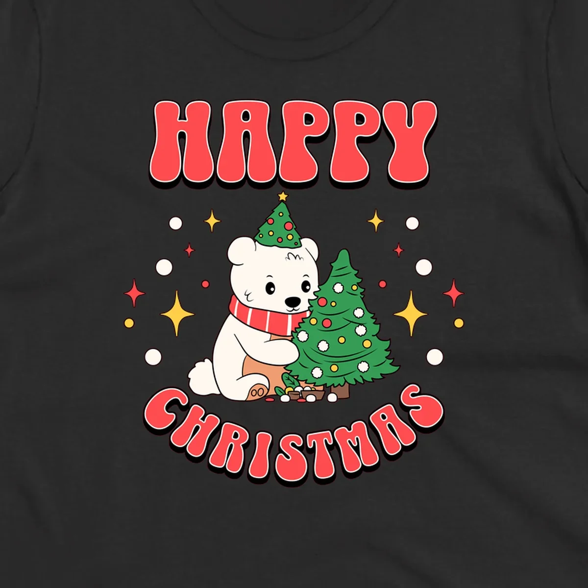 Happy polar bear hugging a Christmas tree with happy christmas text, holiday design.