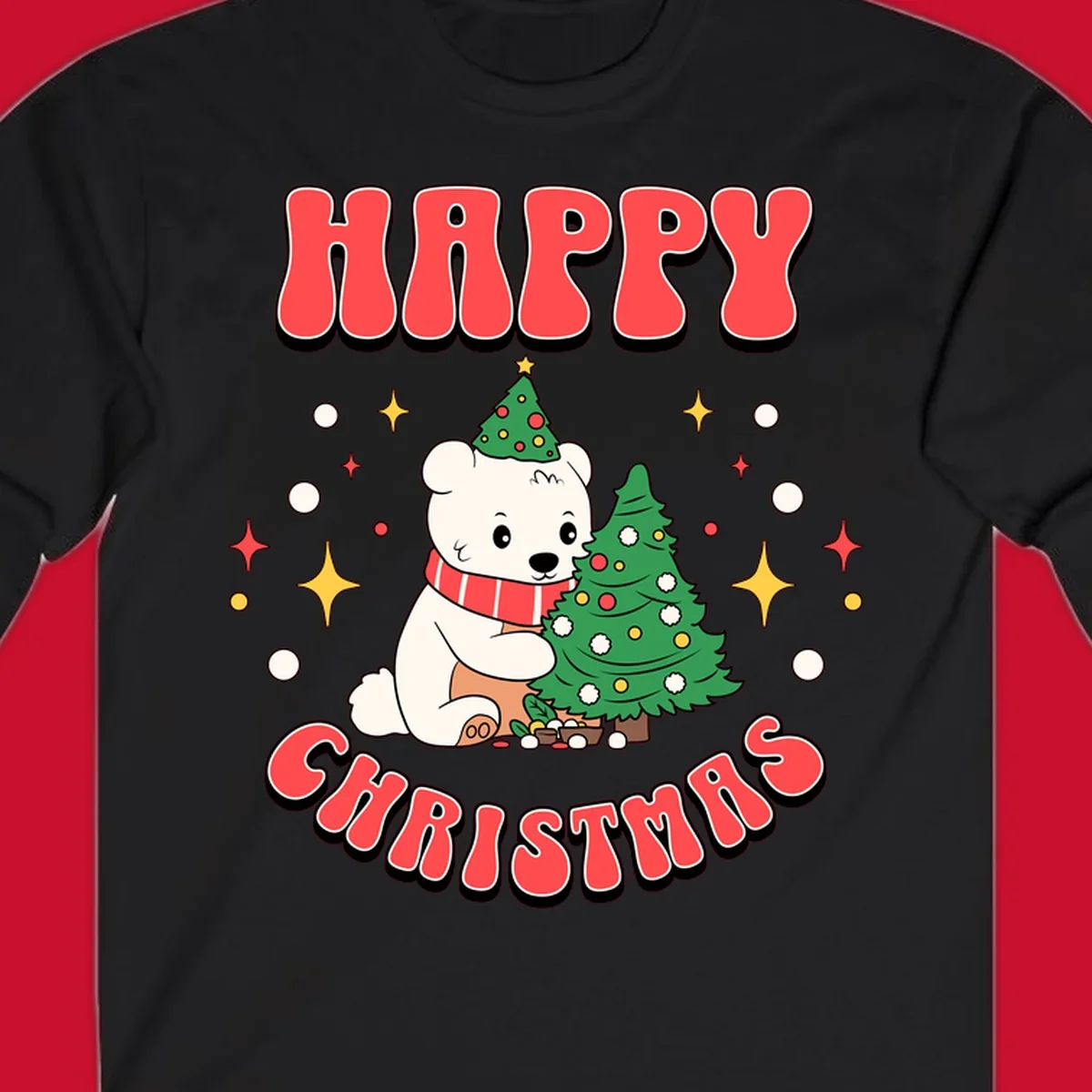 Happy polar bear hugging a Christmas tree with happy christmas text, holiday design.