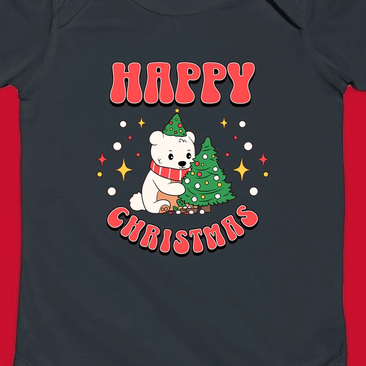 Happy polar bear hugging a Christmas tree with happy christmas text, holiday design.