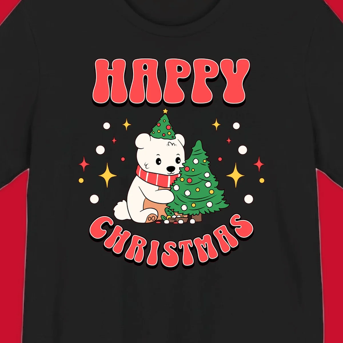 Happy polar bear hugging a Christmas tree with happy christmas text, holiday design.