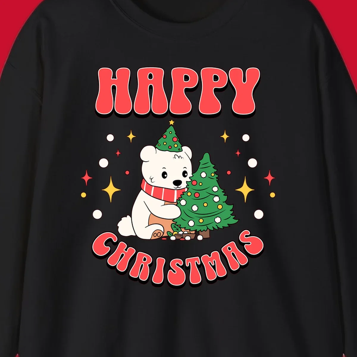 Happy polar bear hugging a Christmas tree with happy christmas text, holiday design.