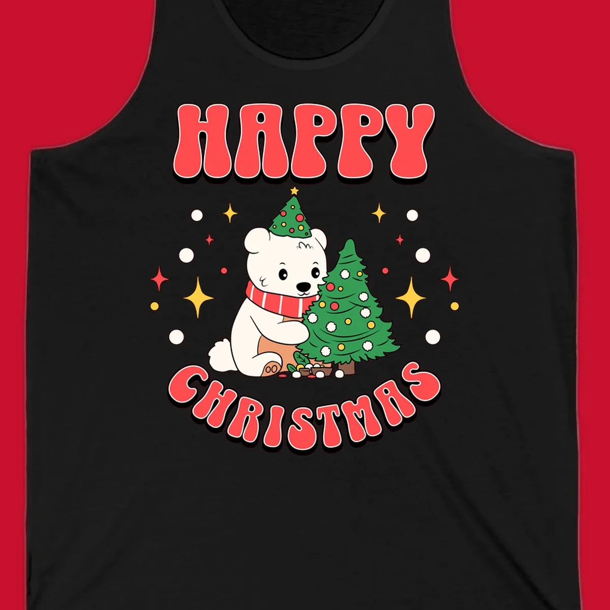 Happy polar bear hugging a Christmas tree with happy christmas text, holiday design.