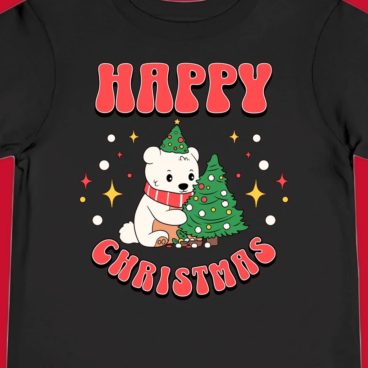 Happy polar bear hugging a Christmas tree with happy christmas text, holiday design.