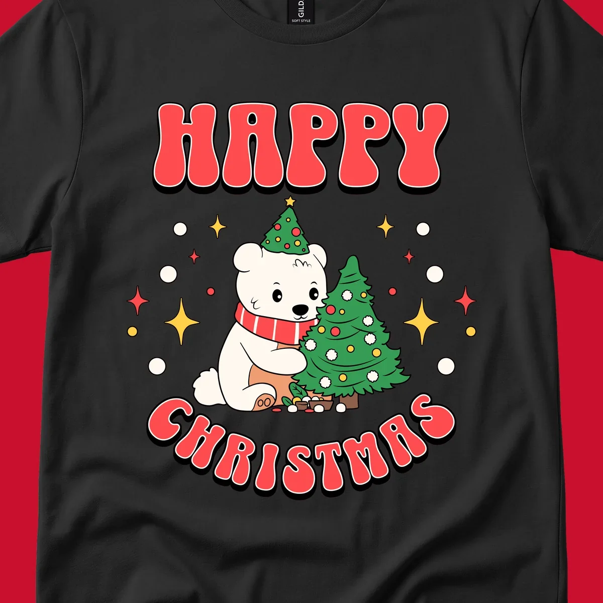 Happy polar bear hugging a Christmas tree with happy christmas text, holiday design.