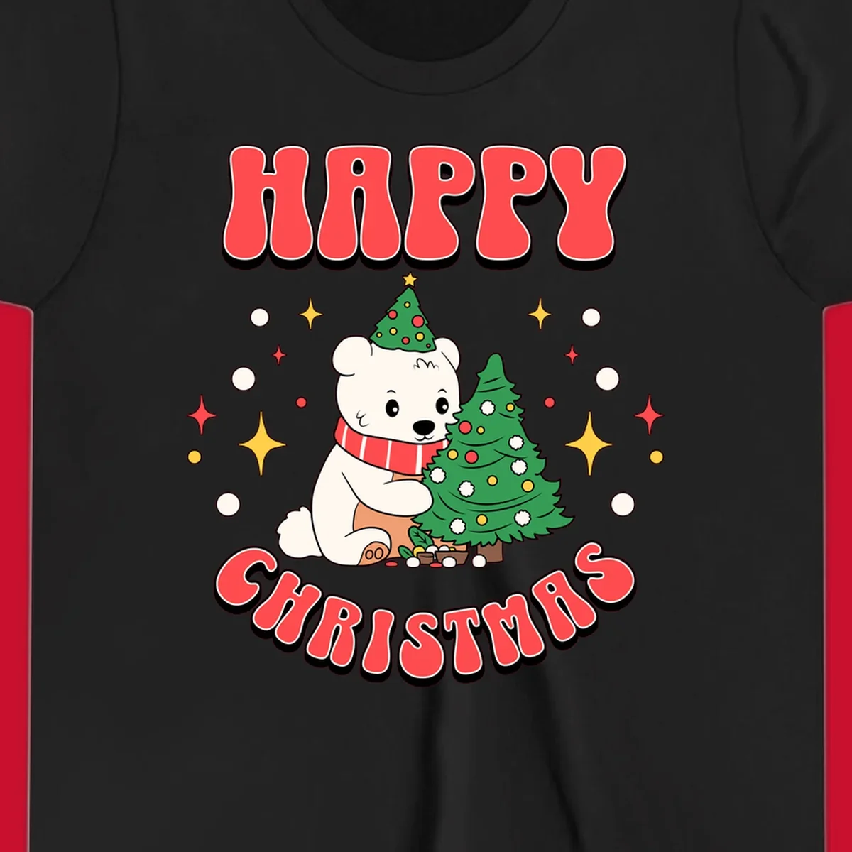 Happy polar bear hugging a Christmas tree with happy christmas text, holiday design.