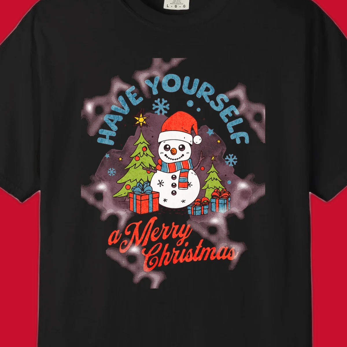 Snowman with gifts and trees, text HAVE YOURSELF a Merry Christmas.