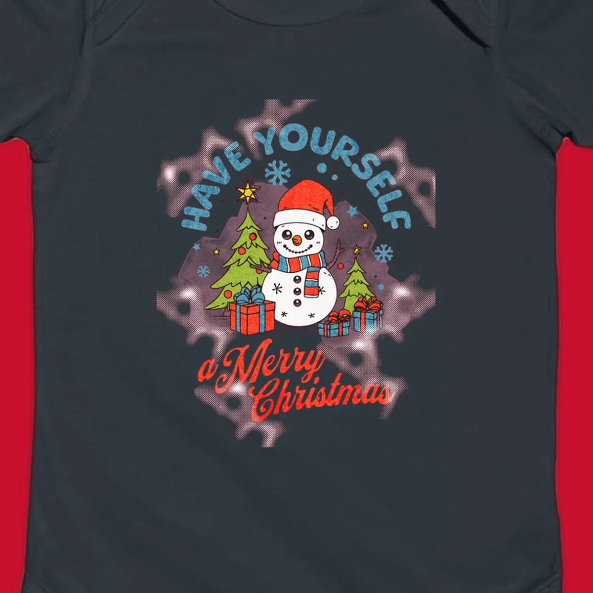 Snowman with gifts and trees, text HAVE YOURSELF a Merry Christmas.