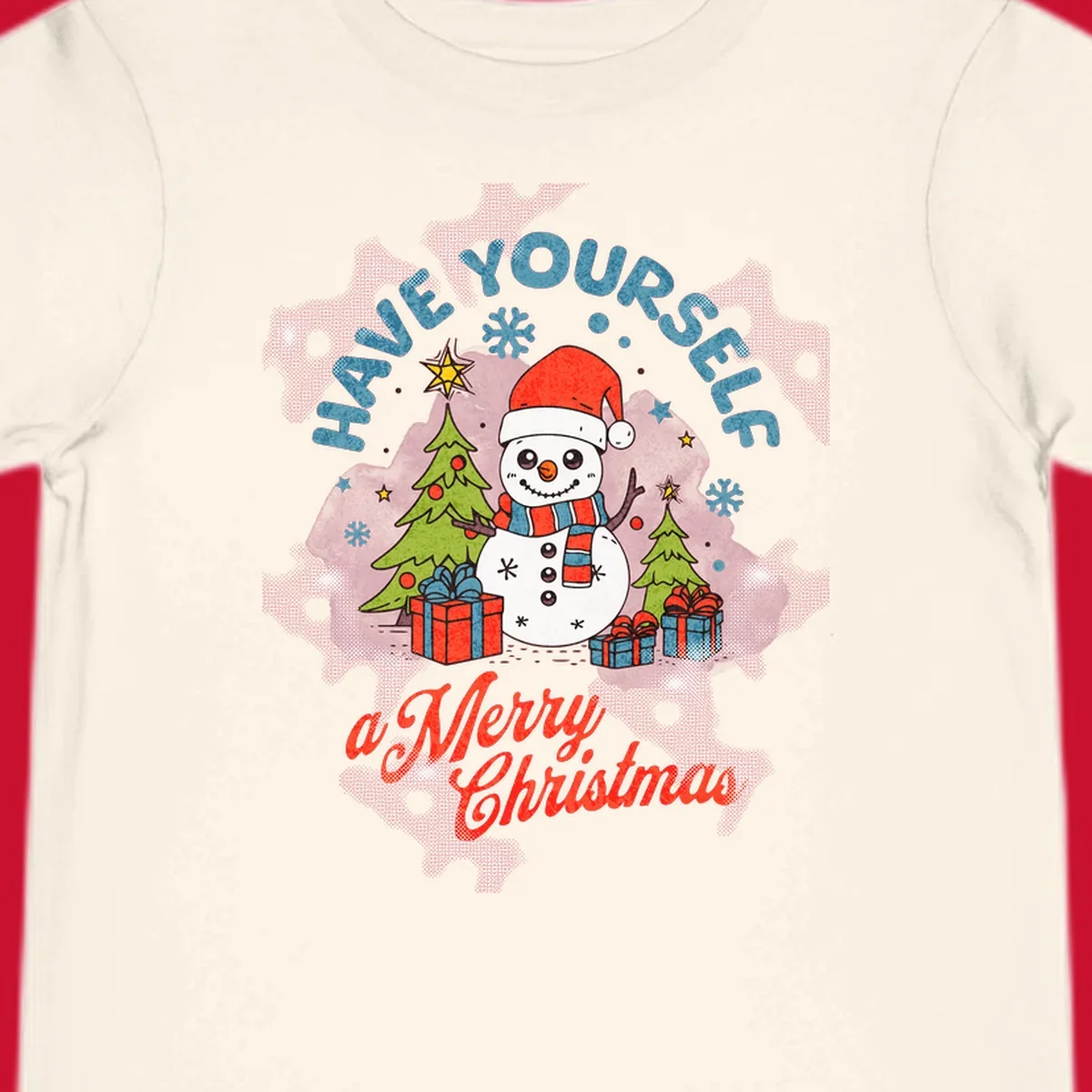 Snowman with gifts and trees, text HAVE YOURSELF a Merry Christmas.