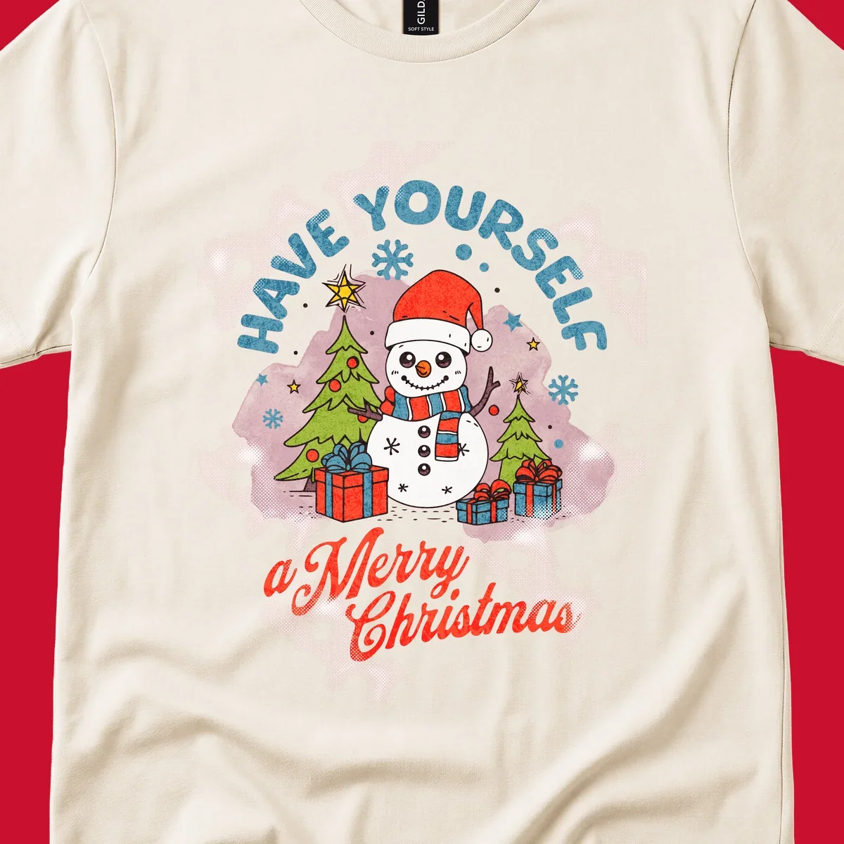 Snowman with gifts and trees, text HAVE YOURSELF a Merry Christmas.