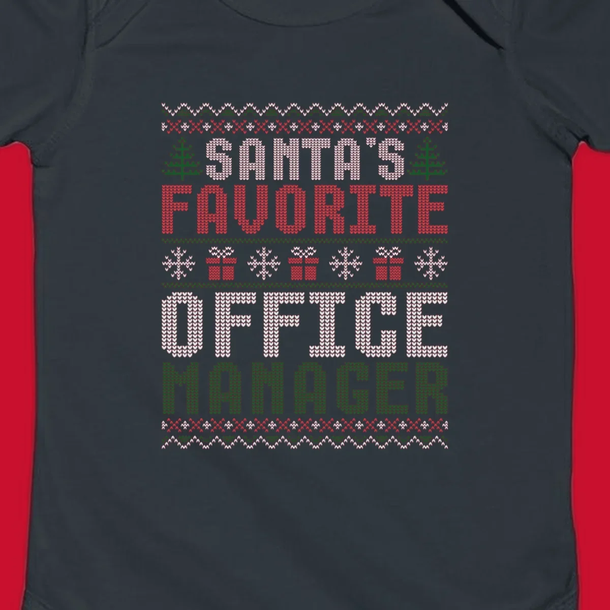 Santa's Favorite Office Manager text with Christmas trees, snowflakes, and gift boxes in ugly Christmas sweater style.