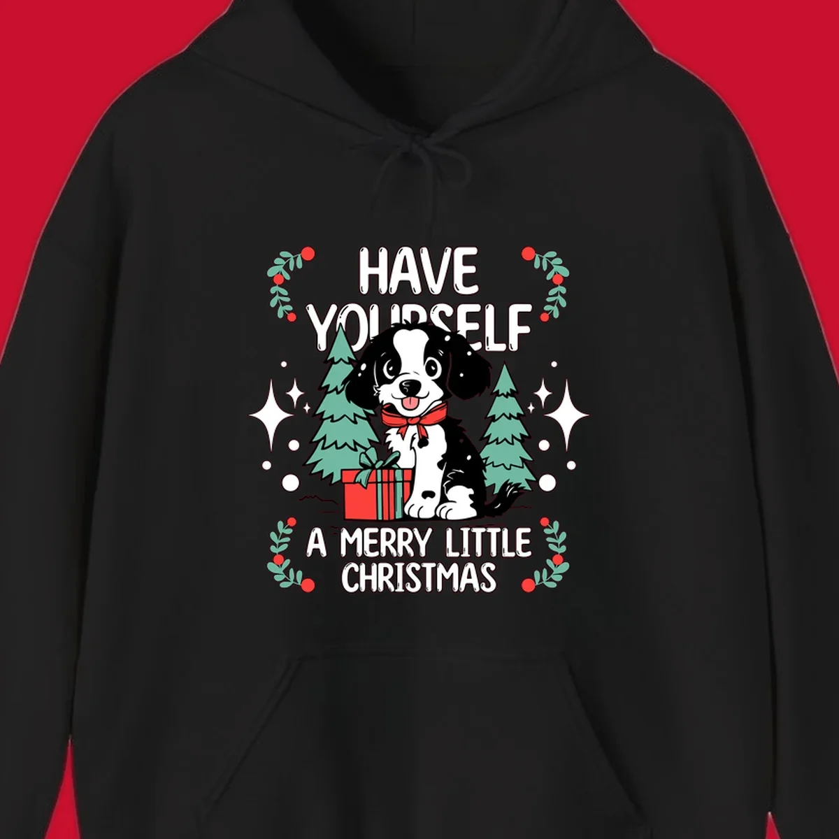 Merry Christmas dog with gift and trees, text: HAVE YOURSELF A MERRY LITTLE CHRISTMAS