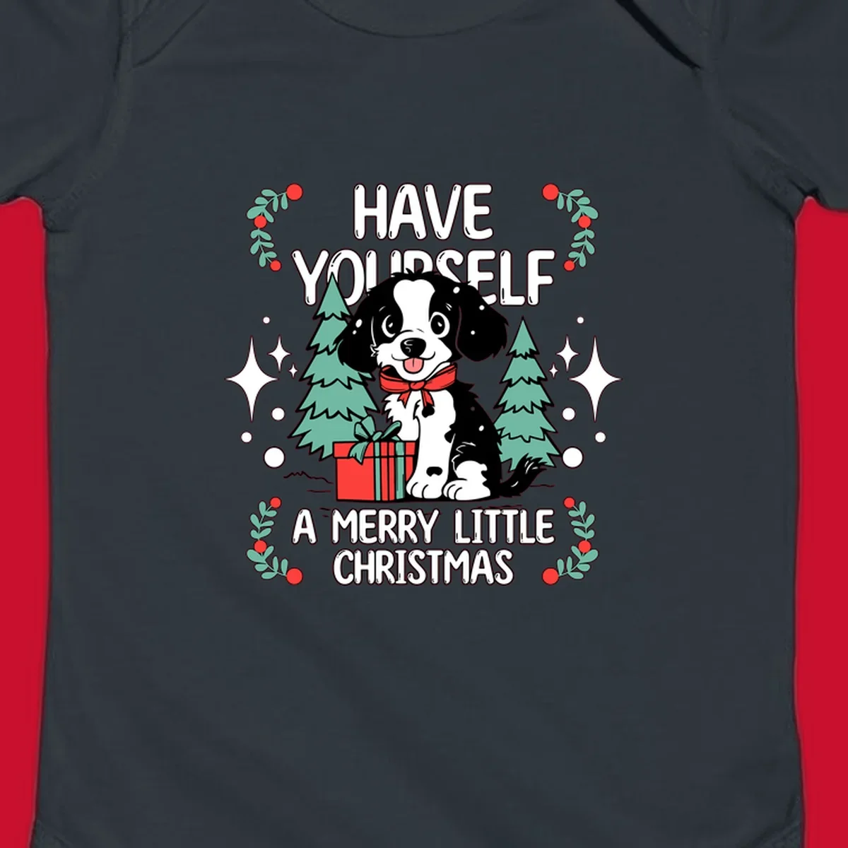 Merry Christmas dog with gift and trees, text: HAVE YOURSELF A MERRY LITTLE CHRISTMAS