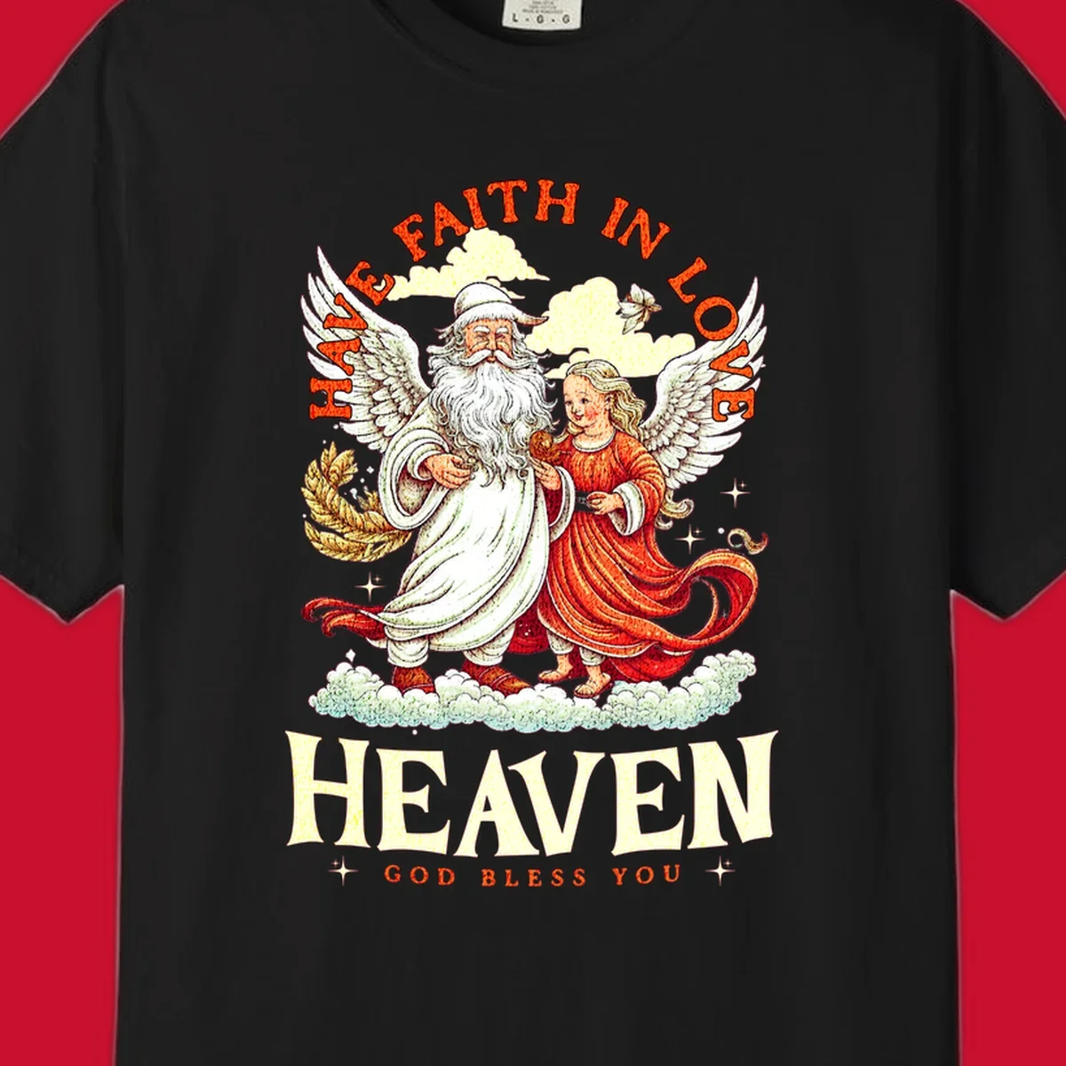 Santa and angel illustration with text HAVE FAITH IN LOVE HEAVEN GOD BLESS YOU, part of the santa-angel-heaven theme.