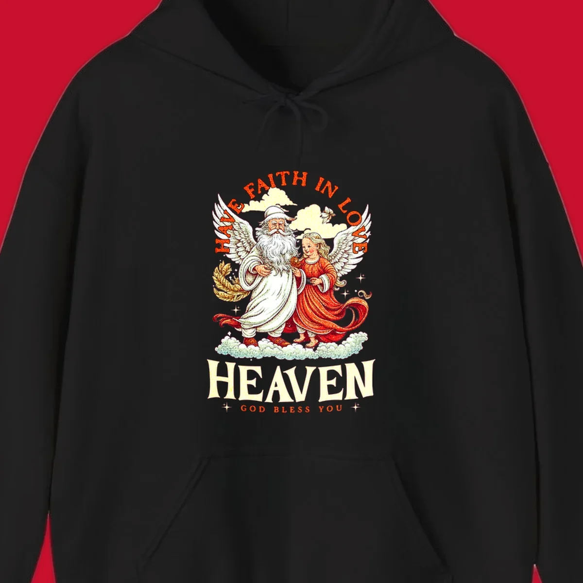 Santa and angel illustration with text HAVE FAITH IN LOVE HEAVEN GOD BLESS YOU, part of the santa-angel-heaven theme.